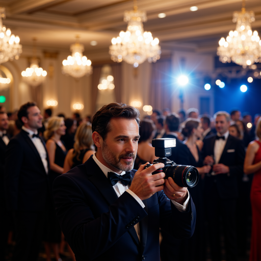 专业摄像师，中年男性，操作摄像设备，记录婚礼过程，专业专注