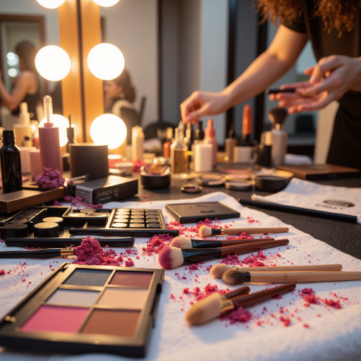 专业化妆师，年轻女性，正在为新娘化妆，手法专业，环境温馨