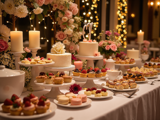 优雅宴会厅内部，温馨灯光，精致装饰，适合中小型婚礼，环境浪漫