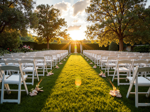 户外花园婚礼场地，绿植环绕，自然光线充足，环境优美